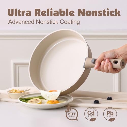 SENSARTE 17-Piece Ceramic Non-Stick Cookware Set Almond Beige with Removable Handles