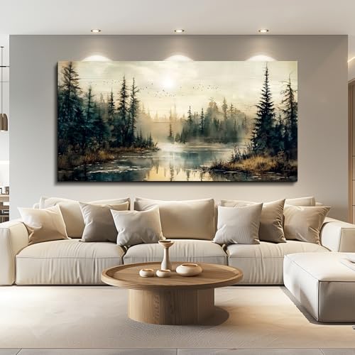 FUHAIHUA Forest River Wall Art Canvas - 48x24 Inch Modern Landscape Decor
