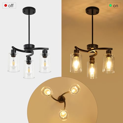 Black 3-Light Modern Dining Chandelier with Glass Shades - Farmhouse & Industrial Style