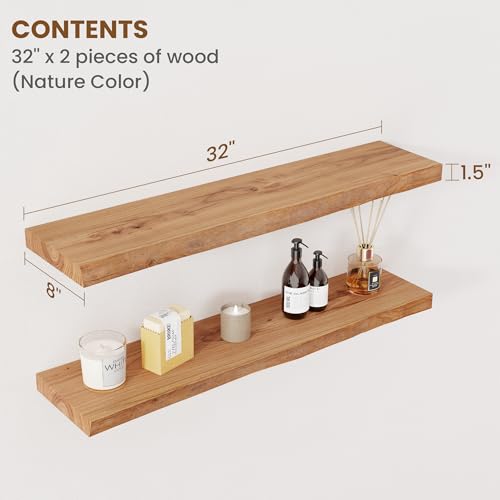 Live Edge Floating Shelves for Wall - 32 Inch Set of 2 Natural Elm Wood Shelves - Rustic Wall Storage