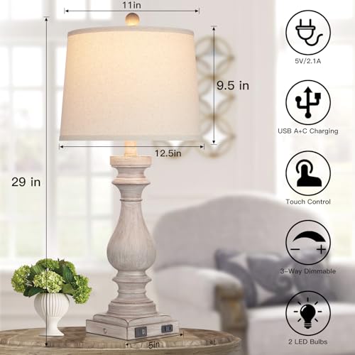 Gray 29-Inch Tall Table Lamp Set of 2 with USB-C & Outlets - Dimmable Touch Control Bedside Lamps