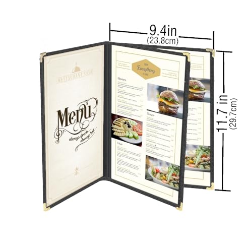 3 Pages / 6 Views Menu Covers - 8.5x11 Black Vinyl with Gold Corners - Side-Loading Cafe Covers - Variation of THIS listing
