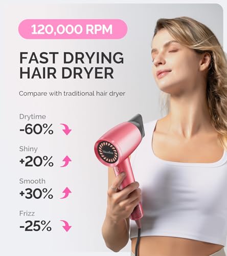 1600W Ionic Hair Dryer with Diffuser Nozzle & Hair Brush for Curly Hair - Fast Drying