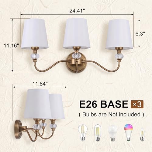 Brass 3-Light Vintage Bathroom Vanity Light Fixture with Fabric Shades - Over Mirror, Crystal Accent, Modern Wall Sconce, E26 Base