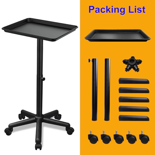Salon Tray on Wheels- Adjustable Salon Service Rolling Tray Suitable for Mayo Stand,Tattoo Tray and Dentist Tray(Black)