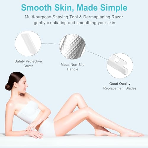 Dermaplane Razor for Women Face, Suitable for Facial Peach Fuzz, Eyebrows, Exfoliation, and Men Shaving, Equipped with 10 Replaceable Blades, Silver
