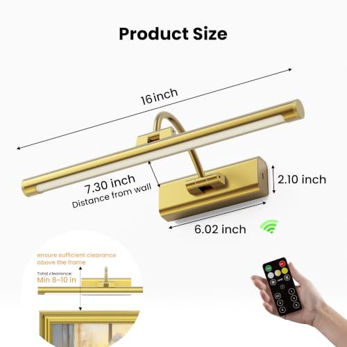 Brass 16-Inch Rechargeable Picture Light - Wireless Art Display Lighting with Remote