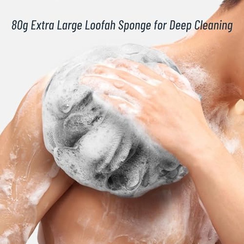 6-Pack 80g Shower Loofah for Men ? Extra-Large Body Sponge with Triple-Tied Knots, High-Density Mesh, Rich Lather, Durable Exfoliating Pouf (Black)