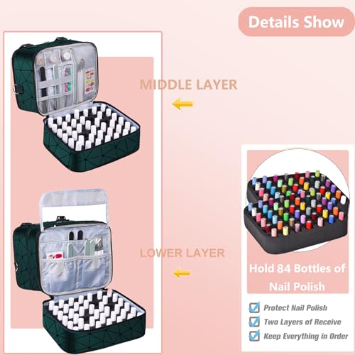 FCQQYWZ Large Nail Polish Organizer Case 84+ Bottles & Lamp, 3 Layers Green-84Bottles