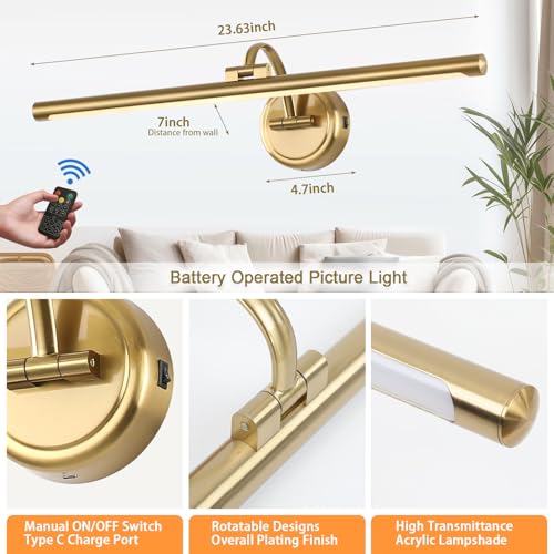 Brass Dimmable Battery Operated Picture Light 23.6inch with Remote & Timer - Tassuowell