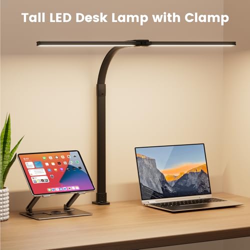 Black Clamp LED Desk Lamp with Remote Control, Dimmable 24W Tall Gooseneck Light