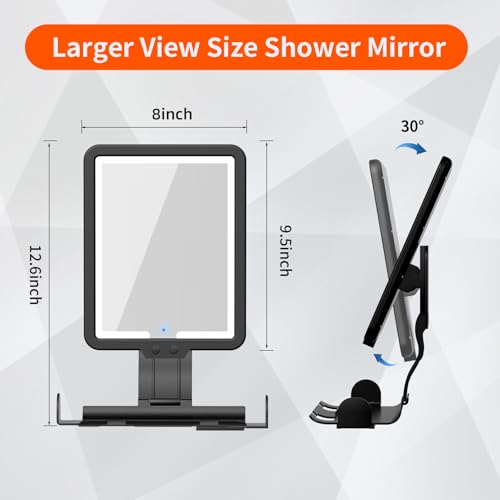 Fogless Heated Shower Mirror with Dimmable Lights - Black, 12.2"L x 7"W