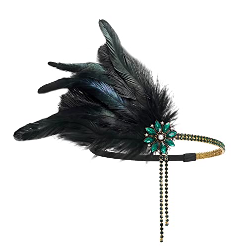 Green 1920s Flapper Headpiece Rhinestone Pearl Feather Headband for Gatsby Party