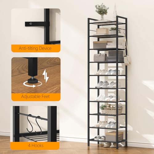Usikey 10-Tier Narrow Metal Shoe Rack - 17.9 x 11 x 69.2 Inches Black, Space-Saving Vertical Shoe Organizer with Hooks