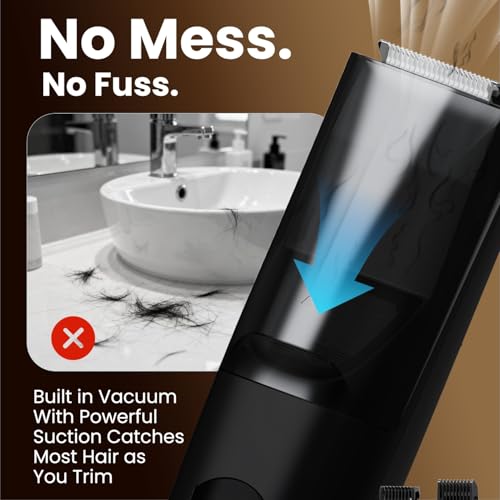 Vacuum Beard Trimmer for Men ? Mustache Trimmer with Adjustable Comb - Men's Beard Trimmer Cordless - Beard Trimmer with Vacuum Precision Dial, Low Noise, Waterproof Grooming Kit