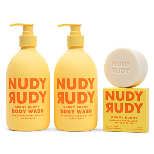 Hunny Bunny Body Wash Bundle - Liquid Shower Gel & Bar Soap with Aloe Vera & Vitamin E - Moisturizing for Men & Women
