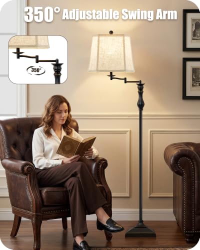 Black 62-Inch Adjustable Floor Lamp with Swing Arm and Linen Shade