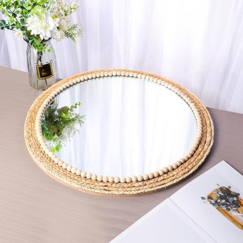 21 Inch Boho Round Wall Mirror with Rattan & Wooden Beads - Farmhouse Decor - Variation: Wood