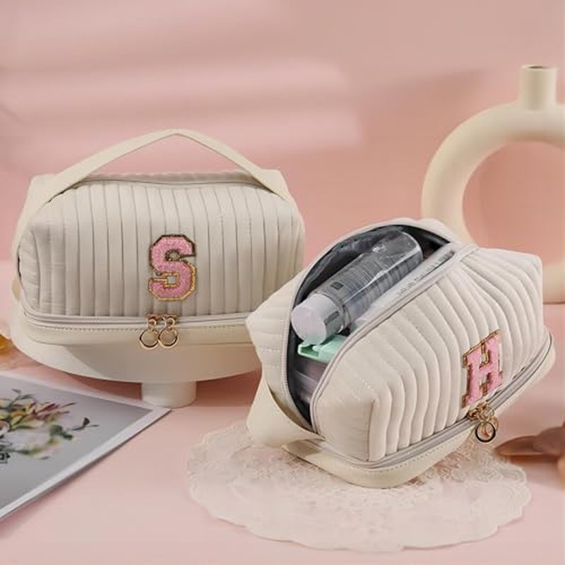 Initial Makeup Bag Monogrammed Double Layer Cosmetic Bag Velvet Travel Toiletry Bag Large Cpacity Makeup Pouch Portable Makeup Organizer Cosmetic Brush Bag Case (D, White/Pink)