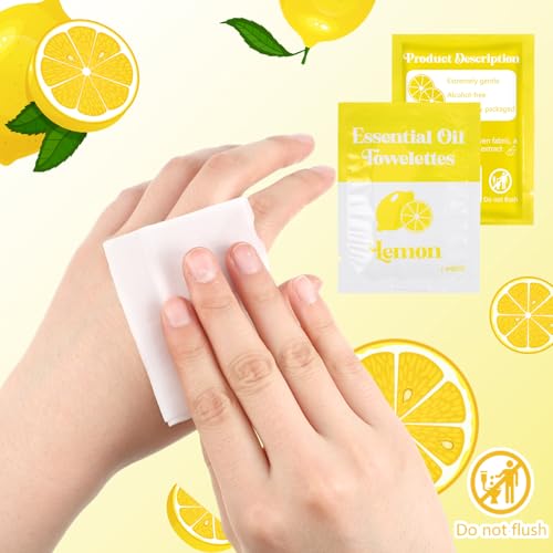 200 Pcs Essential Oil Wipes Wet Wipes Hand Individually Wrapped Wipe Bulk Single Use for Travel Clean Hands Sensitive Skin Backpacking Hypoallergenic Wipe Camping (Lemon)