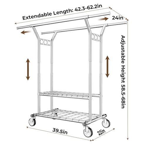 Heavy Duty Rolling Clothes Rack 620 LBS Capacity - Silver Large