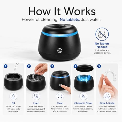 Ultrasonic Retainer Cleaner with UV Light - 48kHz Deep Clean for Invisalign & Dentures - Black