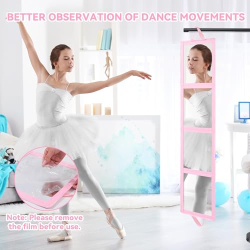 ROYALAY Foldable Full Length Mirror with Handle, 47 * 13in Four-fold Portable Mirror for Travel Makeup Dancing and Fitting Clothes, Pink