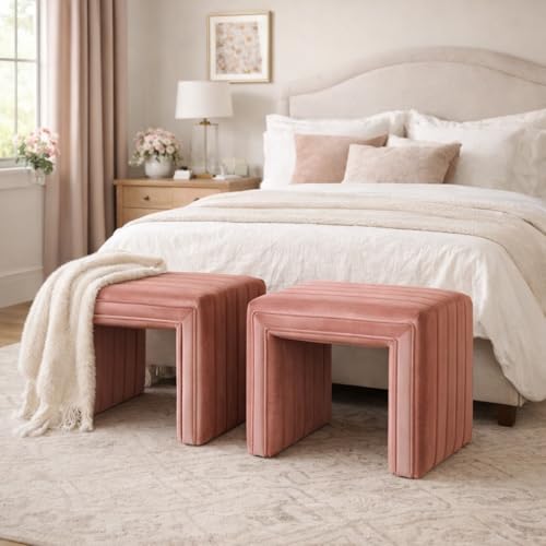 19-Inch Blush Pink Velvet Tufted Ottoman Footstool - Modern Channel Design