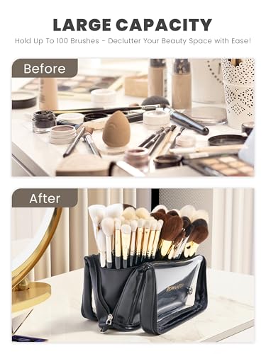 Camdeez Black Makeup Brush Holder Bag with Adjustable Dividers, Travel Cosmetic Organizer, High Capacity, Waterproof, Stand-Up Design