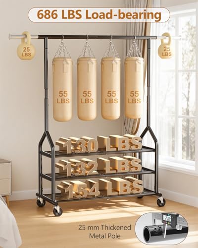 Heavy Duty Rolling Clothes Rack with 3 Shelves - Black - Expandable & Adjustable