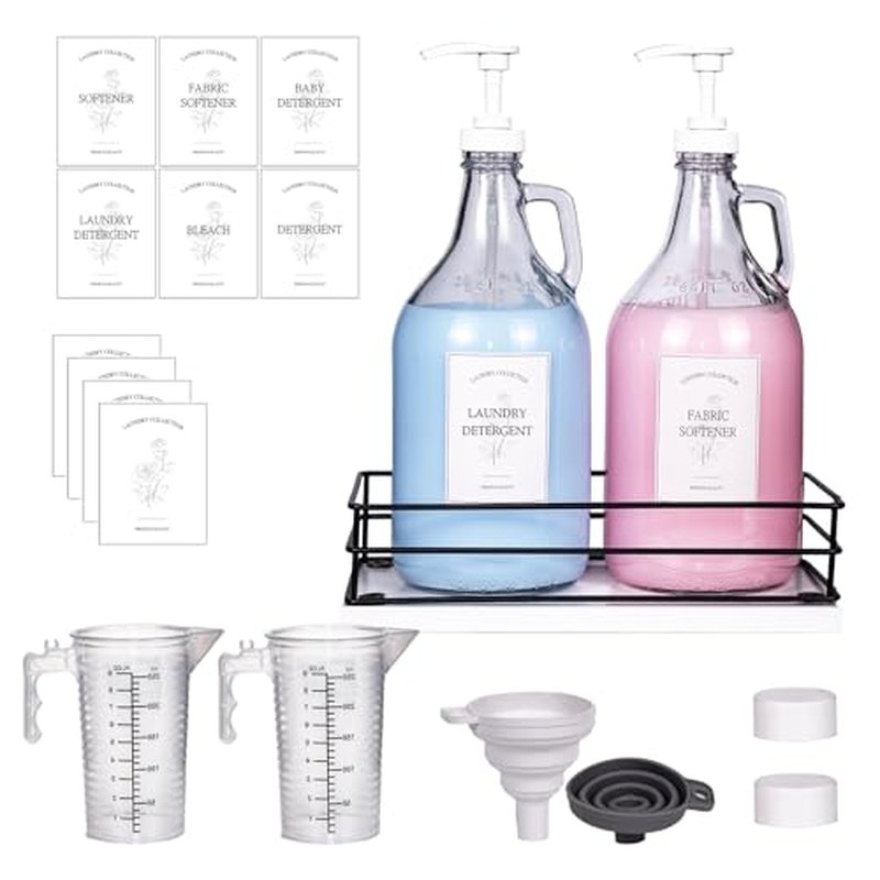 2 Pcs Glass Liquid Laundry Detergent Dispenser, Half Gallon Dispenser for Laundry Room (64 oz. Each), Laundry Detergent Bottles with Pump Dispenser -Includes Labels, Measuring Cups,Wooden Stand