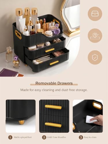 Booklov Large Makeup Organizer with 2 Drawers, Tall Bottle Storage - Black M01
