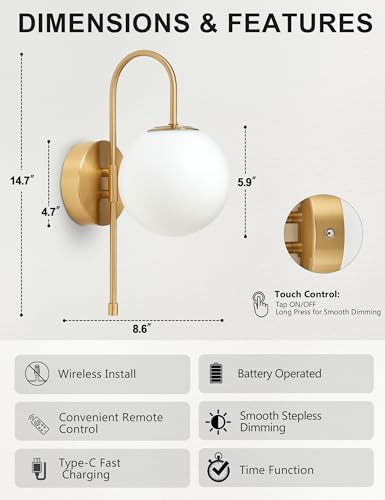 Battery Operated Gooseneck Wall Sconces - Brushed Gold Globe Glass Set of 2 - Gooseneck Variation