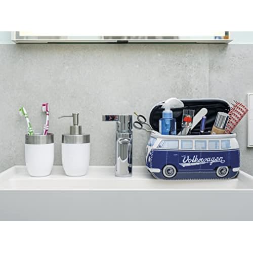 BRISA VW Collection - Volkswagen Neoprene Universal Makeup Cosmetics Toiletry Travel Pharmacy Bag in T1 Bus Design (Blue) (Large (11.8 x 5.5 x 4.7 inches))