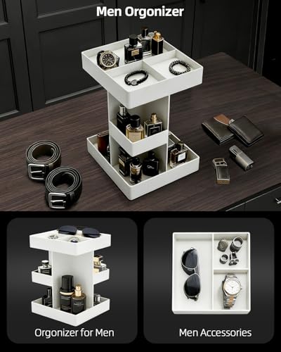 White 3-Tier Acrylic Cologne Organizer with Rotating Shelves for Men, Waterproof Perfume Stand