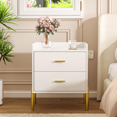 Vabches Nightstand with Built-in Charging Station - White with Gold Handles