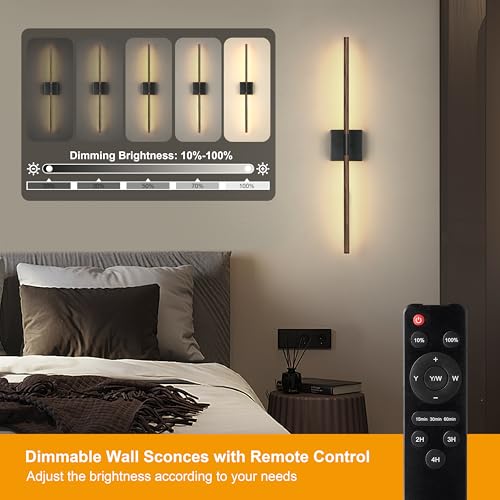 Walnut Black Battery Operated Wall Sconce Set of 2 - 24 Inch with Remote, Dimmable & Adjustable