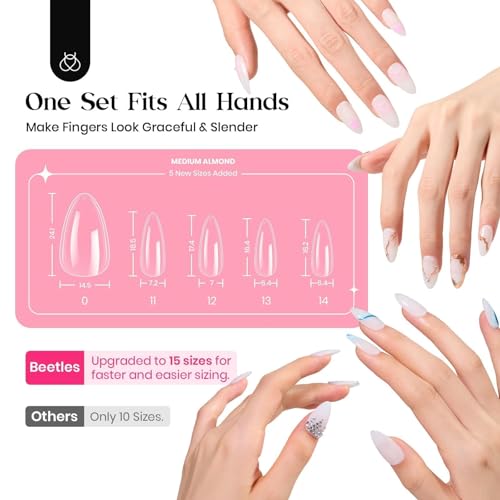 Beetles Nail Kit, 600Pcs Medium Almond Nail Tips with Milky White Gel Polish Top Coat, 15 Sizes Beetles Gel Soft Clear Press on Nails 5 In 1 Nail Glue Valentine Nail Extension Set for Women