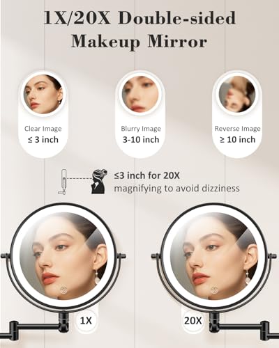 Vpu 9-Inch Wall Mounted Magnifying Makeup Mirror with Light, Adjustable Height, Black