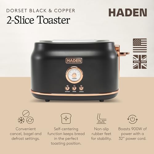 Haden Dorset 2-Slice Wide-Slot Toaster Black & Copper - Adjustable Browning