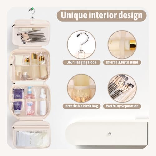 PU Leather Waterproof Travel Toiletry Bag with Jewelry Organizer, Hanging Travel Bag for Toiletries,Cosmetic Bags for Women Toiletries Organizer with 4 Compartments Portable Travel Essentials