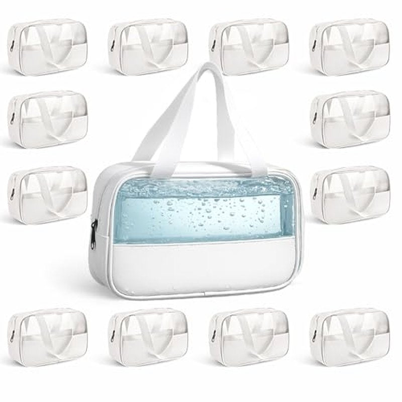 12 Pack Clear Makeup Bags with Zipper Bulk, Waterproof PVC Cosmetic Pouches for Toiletries, Travel & Business Trips, Reusable Organizer Bags for Wedding Favors, Men & Women