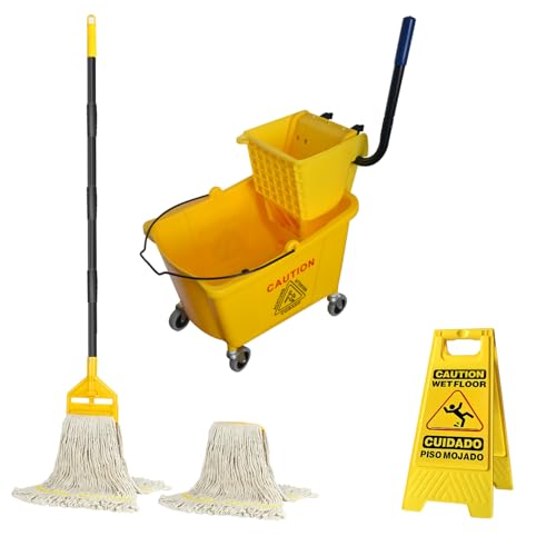 KULED Commercial Mop Bucket Set with 2 Mop Heads, Caution Sign & Wheels, 38 Quart