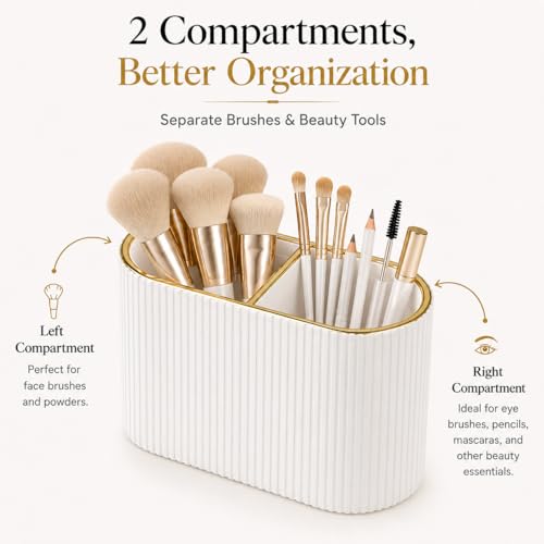 Cream White Makeup Brush Holder Organizer with 2 Slots - PU Leather Vanity Storage