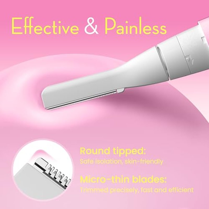 Facial Hair Removal for Women, Painless Eyebrow Trimmer with Pivoting Head, Electric Battery Operated Body Hair Remover with 2 Replaceable Blade for Face Neck Chin Bikini, Pink