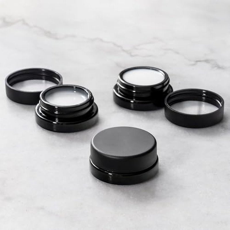 (90 Pack) 7ml Low Profile Thick Black Glass Jars with Black Lids - Airtight Containers for Oil, Lip Balm, Wax, Cosmetics