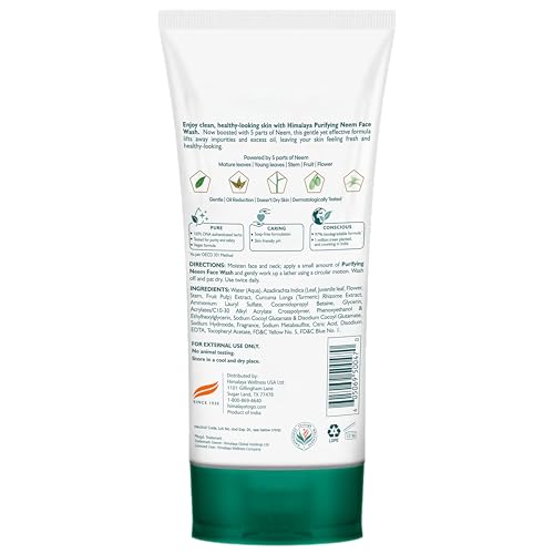 Himalaya Purifying Neem Face Wash, Normal to Oily Skin, Turmeric, Vegan, Cruelty Free, Soap and Paraben Free, Dermatologically Tested, SLS/SLES Free, 5.07 Fl Oz, 150 mL, 1 Pack