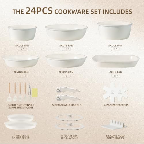 White 24-Piece Ceramic Cookware Set with Nonstick Coating & Removable Handles