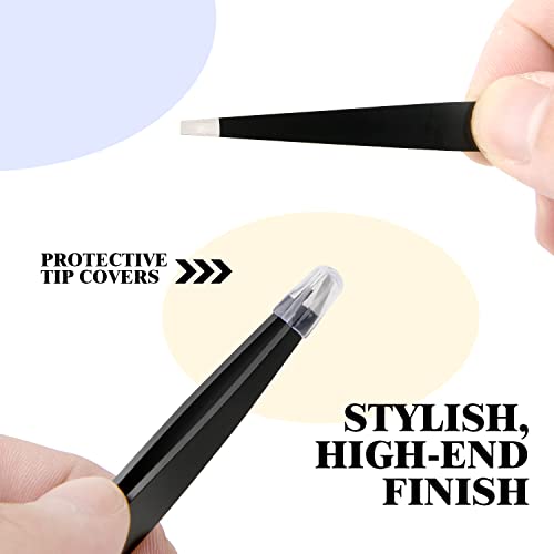 Stainless Steel Tweezers for Eyebrows-Flat Tweezer with Case for Women&Man,Great Precision on Brow,Facial Hair and Ingrown Hair Removal(Black)