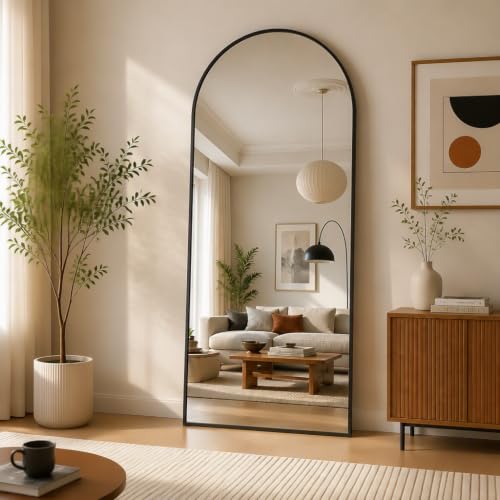 Easly 65x24 Black Arched Floor Mirror with Stand - Full-Length Wall Mirror, Aluminum Frame